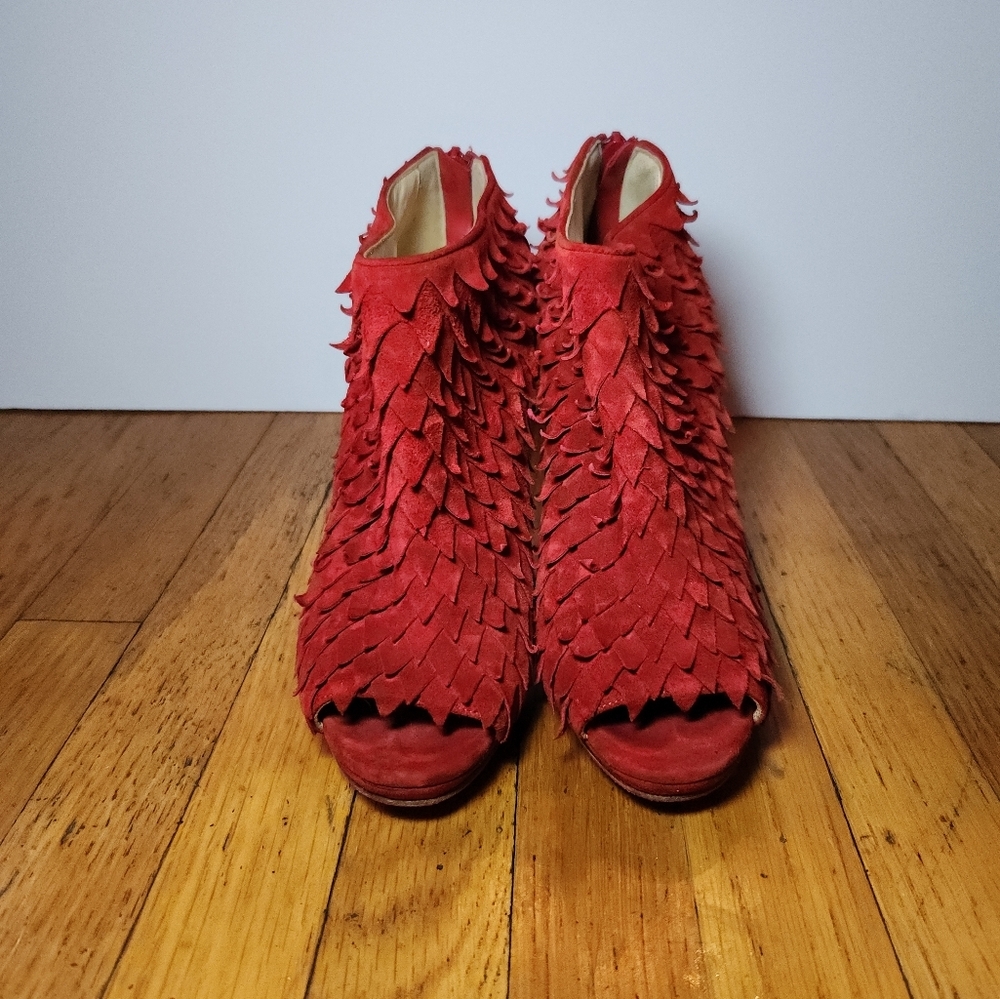 Christian Louboutin Red Suede Diplonana 120 Peep Toe Ankle Boots - Picture 8 of 13